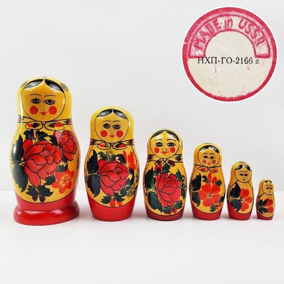Russian Matryoshka Nesting Dolls Vintage 6 USSR Wood Hand Painted Folk Art - Picture 1 of 13